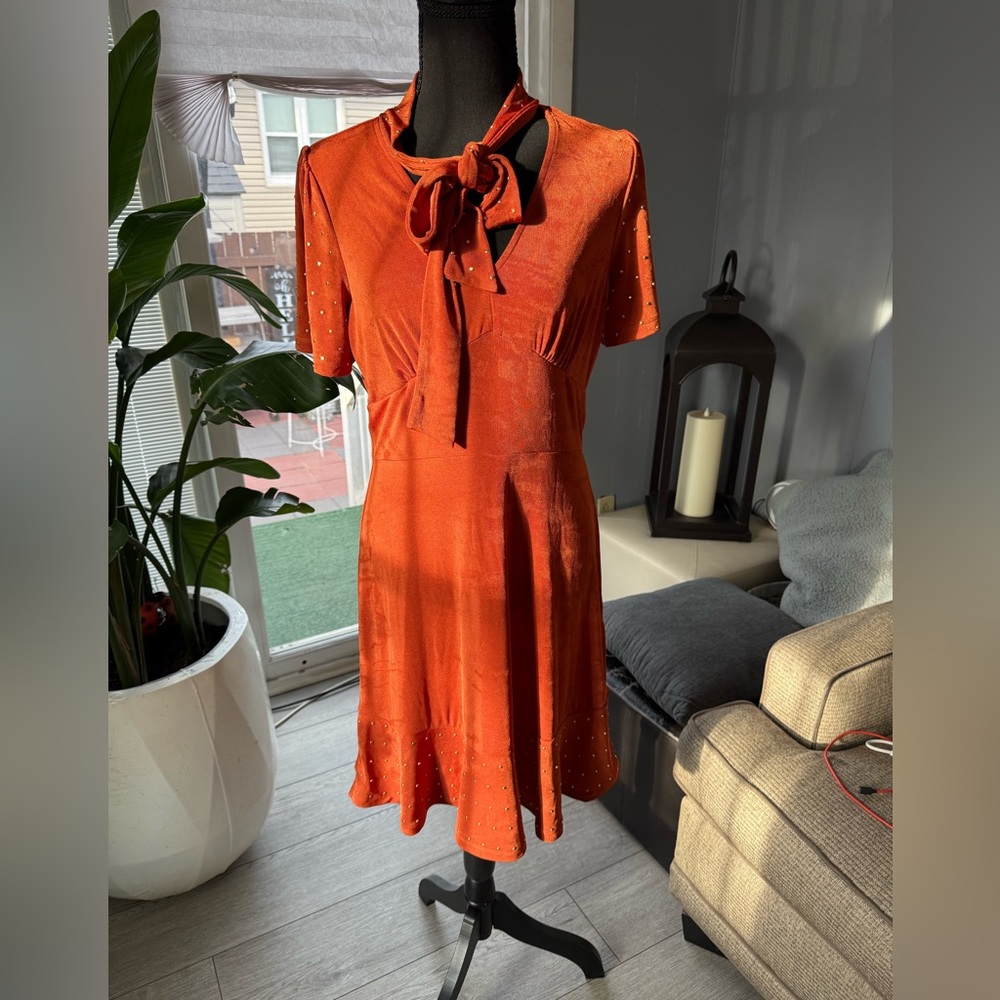 MICHAEL Michael Kors Rust Orange Tie-Neck Midi Dress